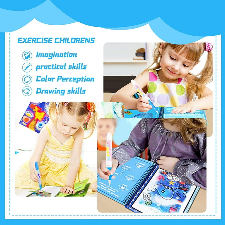 4 Pack Water Coloring Books for Toddlers, Reusable Water Painting Book,  Mess-Free &bPortable Educational Doodle Drawing Toy, Improving Children's
