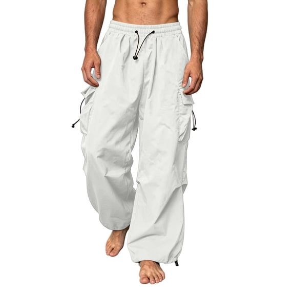 Mlzmgr Mens Cargo Pants Baggy Elastic Waist Drawstring Wide Leg Lightweight Adjustable Bottom Hiking Jogger Pants with Pockets(X-Small,White)