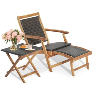 GLINTEX Acacia Wood 2 Pieces Patio Rattan Folding Lounge Chair Table with Retractable Footrest