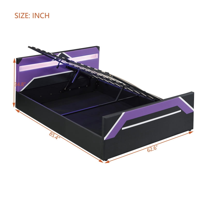 Queen Size Cyberpunk Style Low Profile Bed with LED Lighting Headboard, Hydraulic Storage Platform Bed Frame for Kids/Teens/Adults