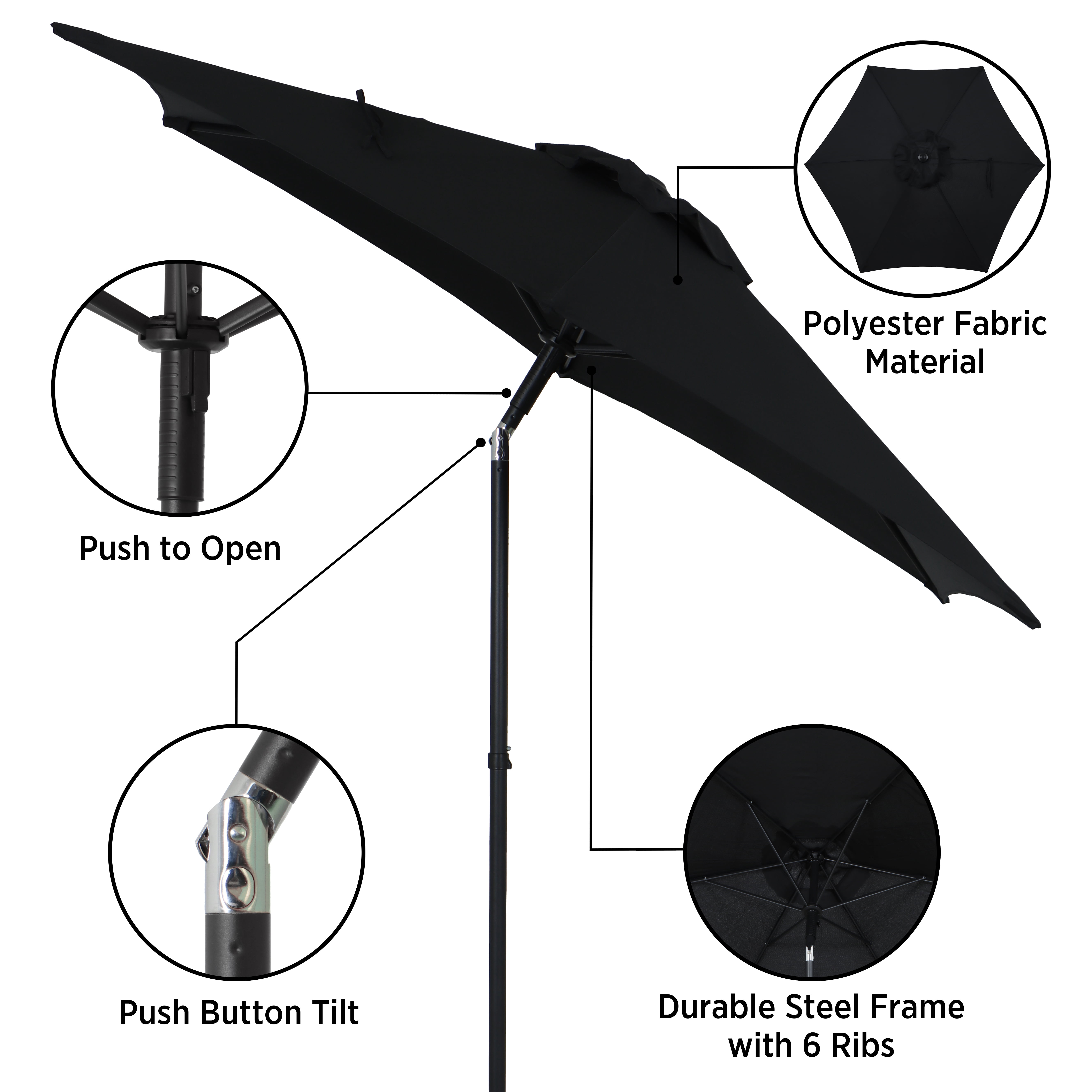 Mainstays Outdoor 7.5' Black Round Market Patio Umbrella, Push-up, 3-Angle Tilt