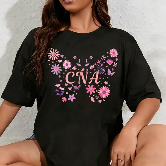 100% Cotton Unisex CNA Certified Nursing Assistant - Butterfly Pretty Flowers T-Shirt