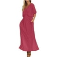 thumbnail image 6 of Feancey Casual Maxi Dresses for Women Trendy Side Slit Vacation Long Dress Loose V Neck Summer Dresses High Waist Elegant A-Line Dress with Pockets Red S, 6 of 9