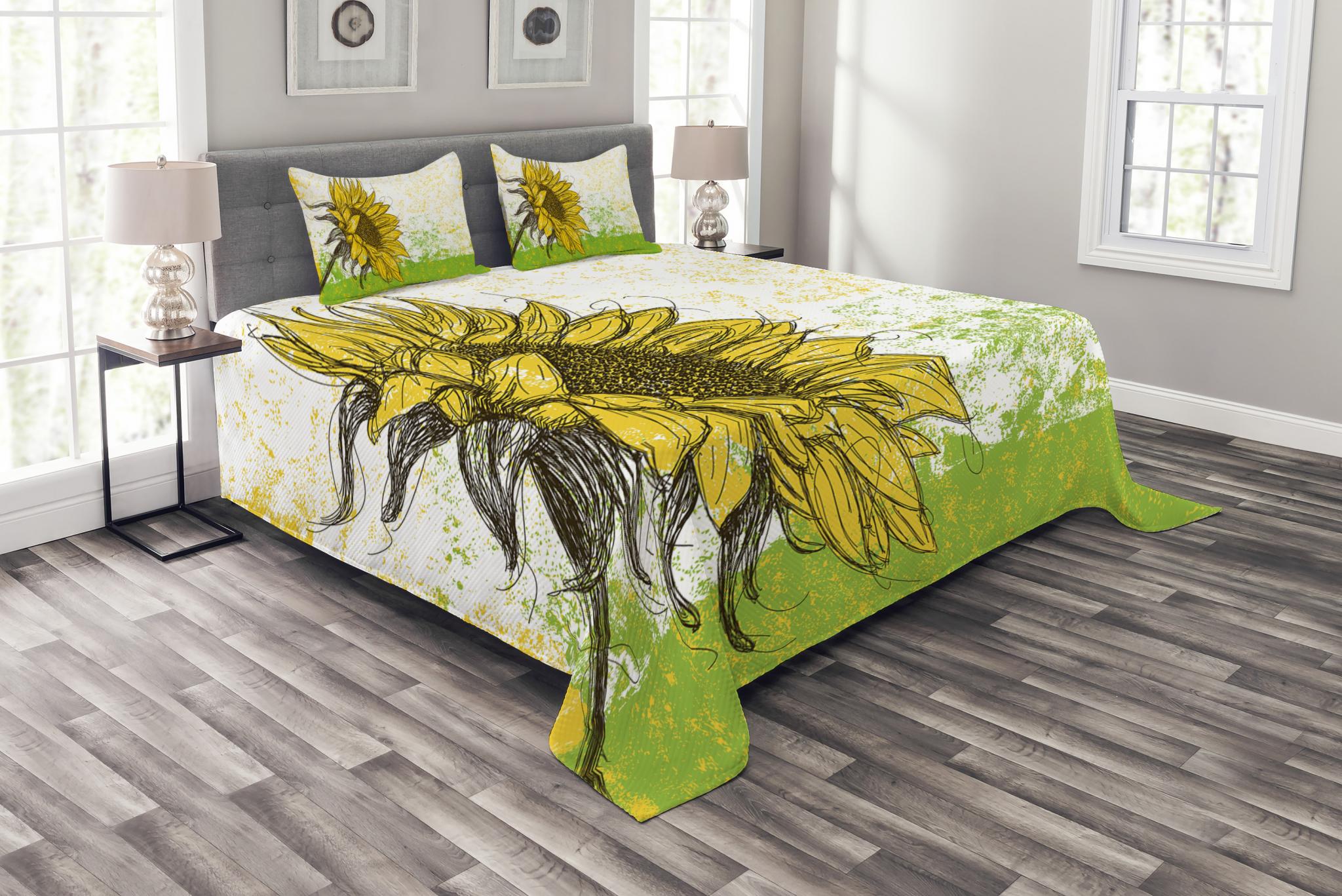 Nature Bedspread Set King Size, Floral Print with Sunflowers in a Field