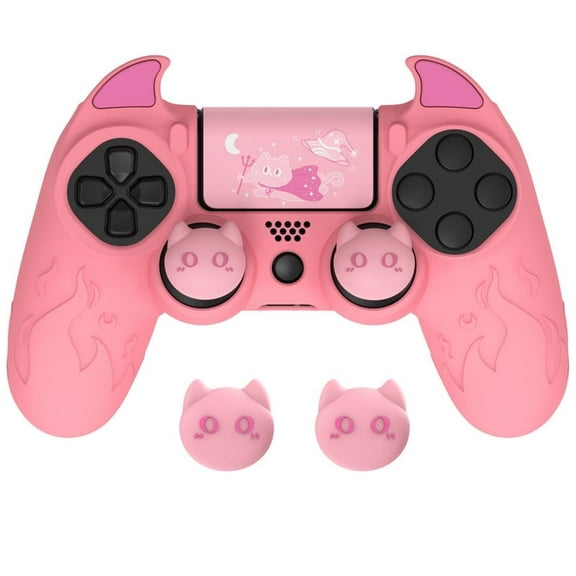 PlayVital Cute Demon Controller Skin for PS4 with Thumb Grips & Stickers, Pink