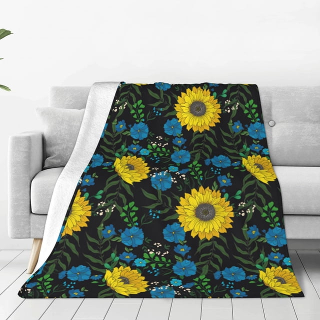 Fotbe Sunflowers And Blue Flower Manta de Franela Acolchonada con Estampado, Súper Suave y Esponjosa, Extra Grande para Sofá, Cama, Uso Todo el Año-50"x40"