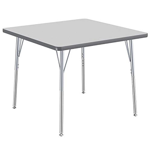 Gray Top and Blue Edge FDP Square Activity School and Office Table Adjustable Height 19-30 inches Standard Legs with Ball Glides 36 x 36 inch 