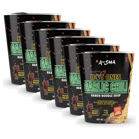 6 Pack Hot Ones x A-Sha Garlic Chili Ramen Noodle Soup