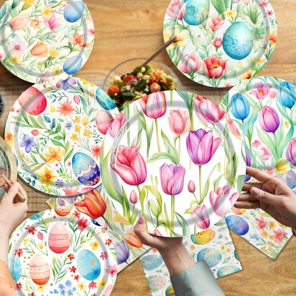 Easter Plates and Napkins Disposable Dinnerware Set with Eggs Tulips Paper Tableware for Spring Birthday Party Supplies