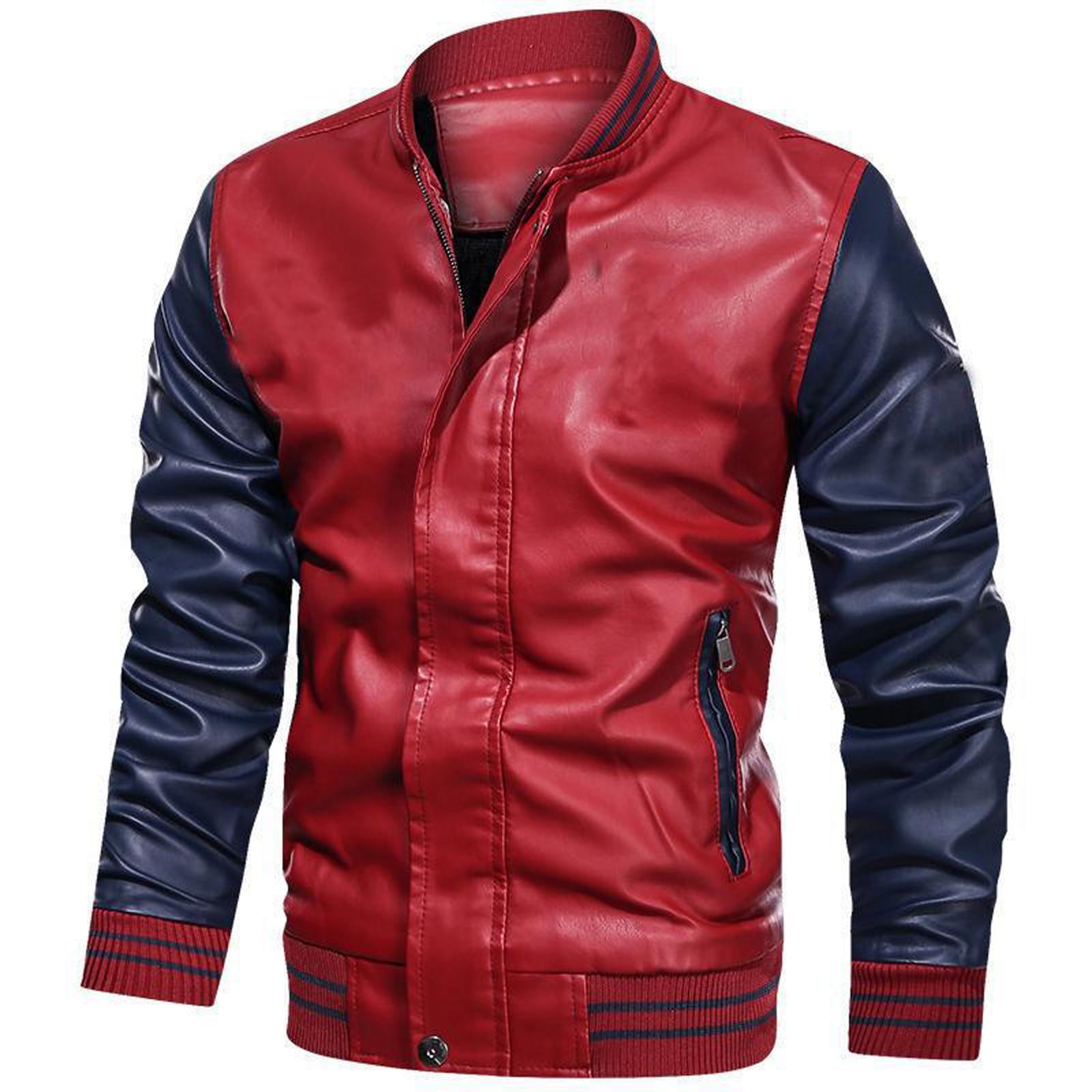 IYTR Men's PU Leather Jacket Baseball Jacket Zipper Motorcycle Jacket Red Blue Colorblock Long Sleeve Fashion Outwear Men's Clothing Red XXL
