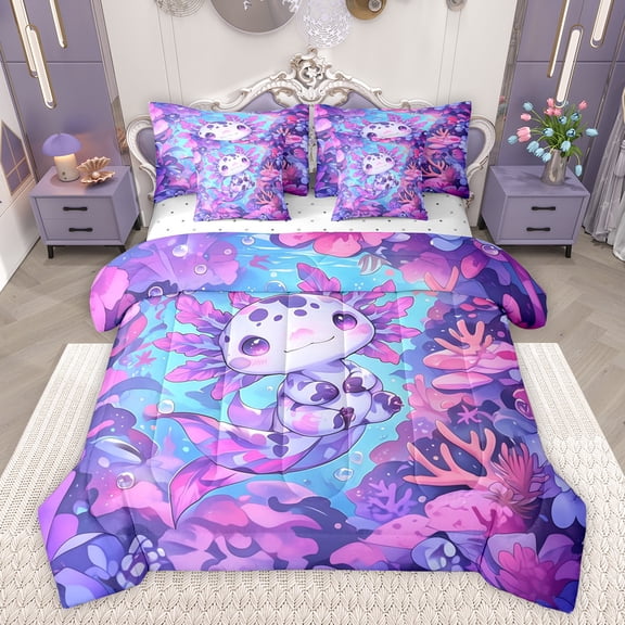 Feelyou Purple Axolotl Teens Twin Bedding Sets 7-Piece, Kawaii Ocean Animal Bedding Comforter Set, Dreamy Marine Coral Reversible Sheet Sets, Luxury Bedroom Decor