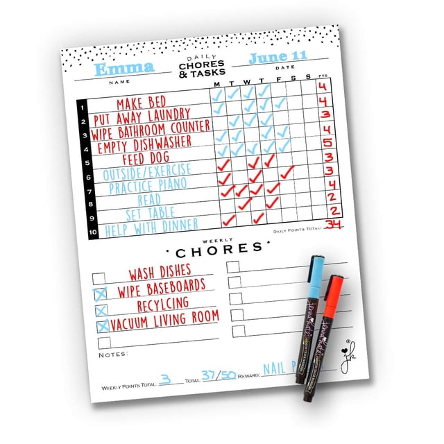 Jennakate - Chore Chart for Kids, Teens & Adults -Dry Erase Magnet -Routine, Behavior & Homeschool Schedule -Mid Mod Style (11"x14" - with Marker)