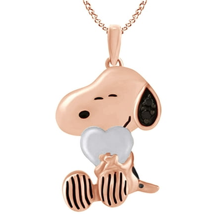 Round Cut Black Natural Diamond Snoopy Cartoon Heart Pendant Necklace in 14k Rose Gold Over Sterling Silver