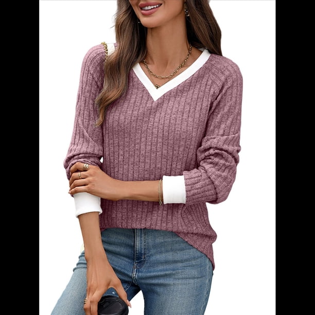 Camisas de Larga con Cuello en V y Bloques de Color para Mujer: Suéteres Túnica Ligeros Informales de Otoño, Conjuntos de Moda. Rojo Púrpura XL