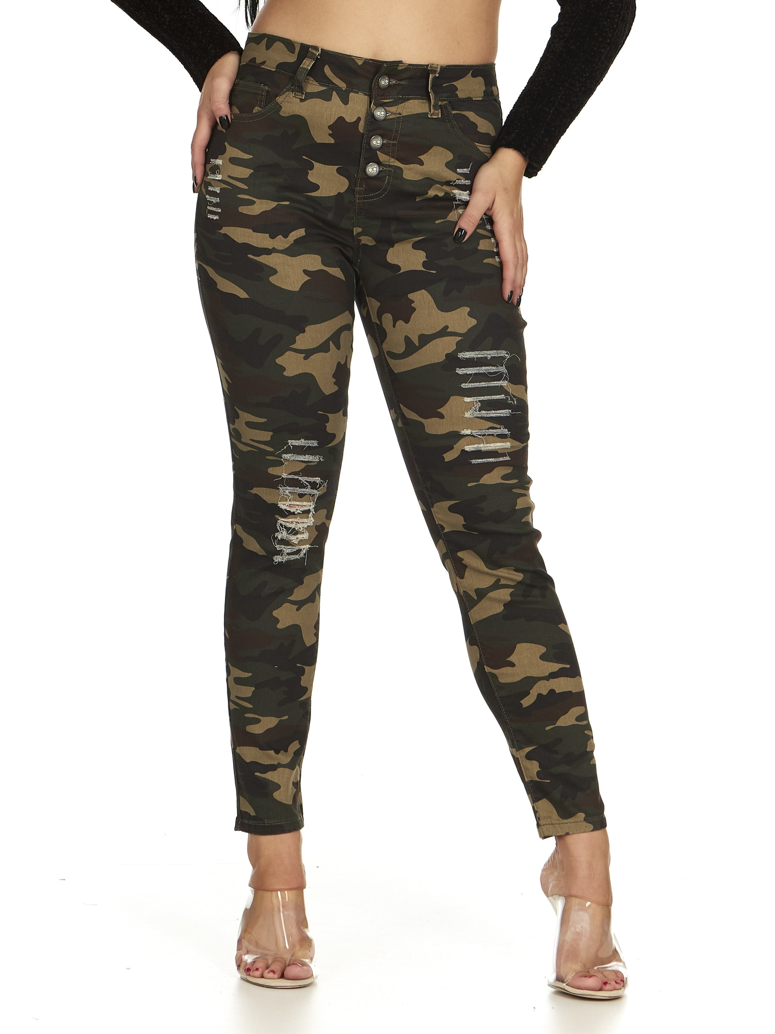 women's distressed camo pants