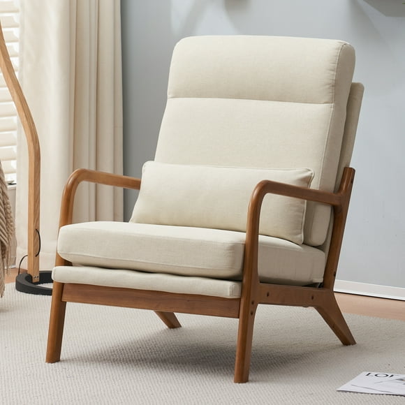 Ktaxon Mid Century Modern Accent Chair, Linen Fabric Armchair, High Back Single Sofa with Solid Wood Frame Beige