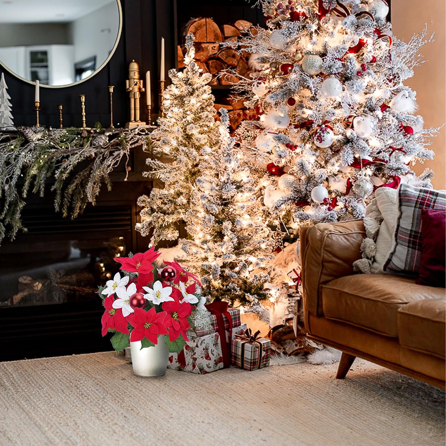 Christmas Artificial Flowers Poinsettia Bouquet Mixed Christmas Bush Winter Flowers Arrangment for Home Kitchen Decor Holiday Cemetery 9in