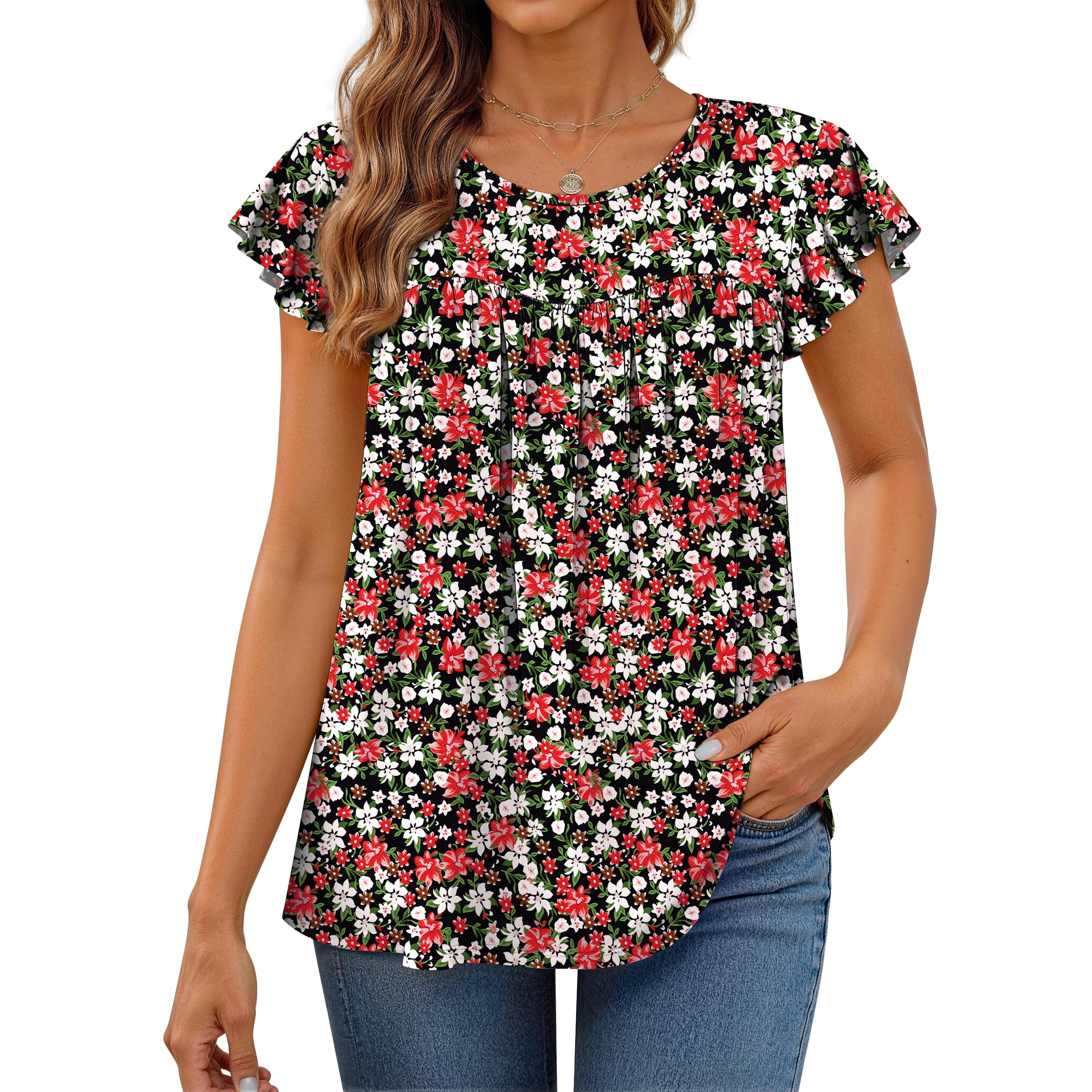 Fantaslook Womens Blouses Dressy Casual Pleated Tunic Tops Floral Ruffle Sleeve Summer Shirts