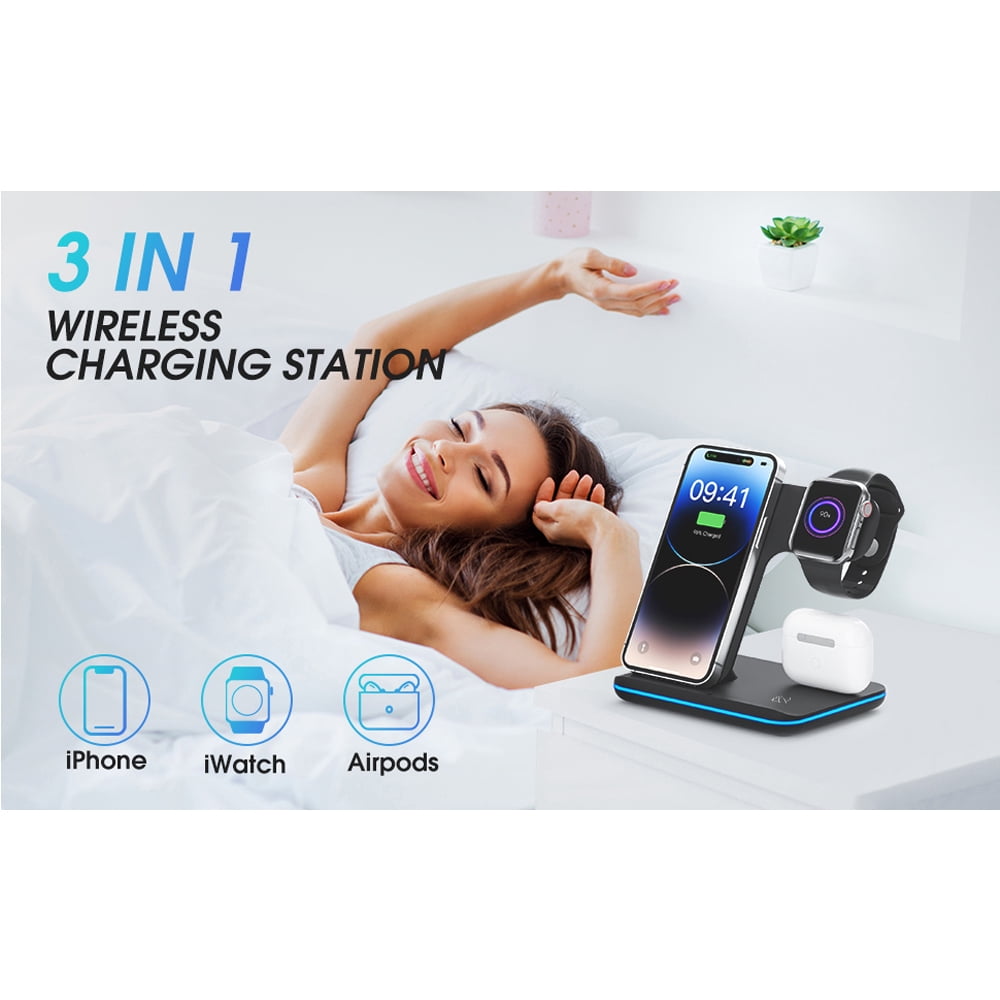 Wireless Charger 3 in 1 Charging Station for Apple: Wireless Phone Stand for iPhone 15/14/13/12/11/Pro/Max/XS/XR/X/8/Plus-Fast Charger Stand for Apple Watch S9-S2 and AirPods,Black