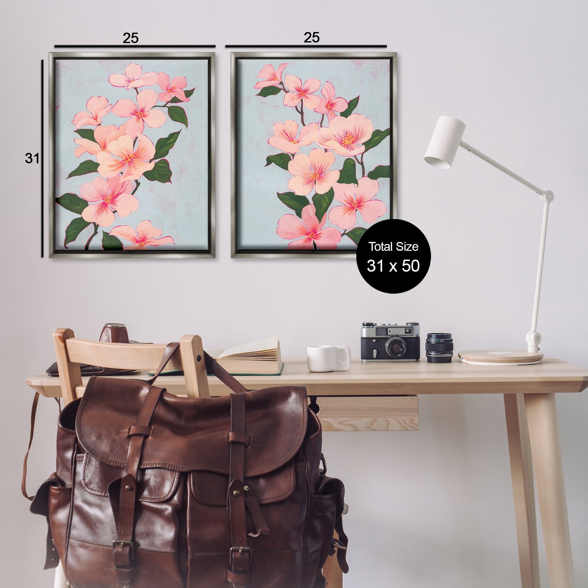 Stupell Industries Pink Cherry Blossom Branch Plants & Flowers Painting Gray Floater Framed Canvas Art Print Wall Art, 31 x 25, Set of 2