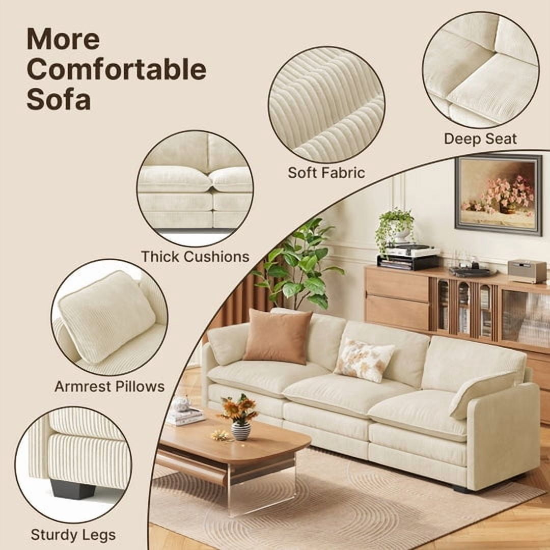 Aiho 110" Couches for Living Room, Corduroy Fluffy Sofa Couch, Comfy Sectional Sofa for Living Room, Apartment, Studio, Office - Beige