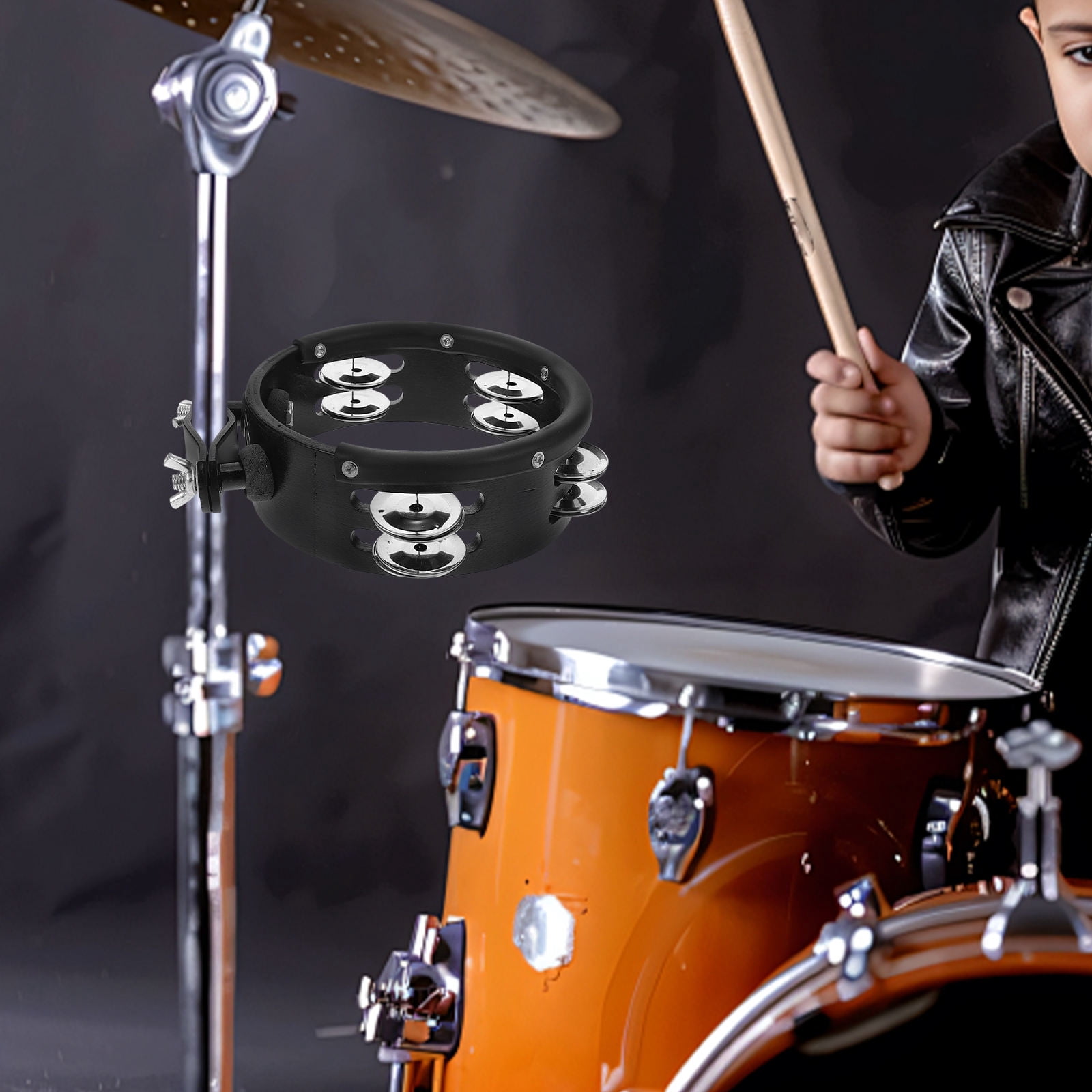 FONDOTIN Tambourine Drums Classroom Accessory Black Metal 1Pack 7.6x5.9x1.9in
