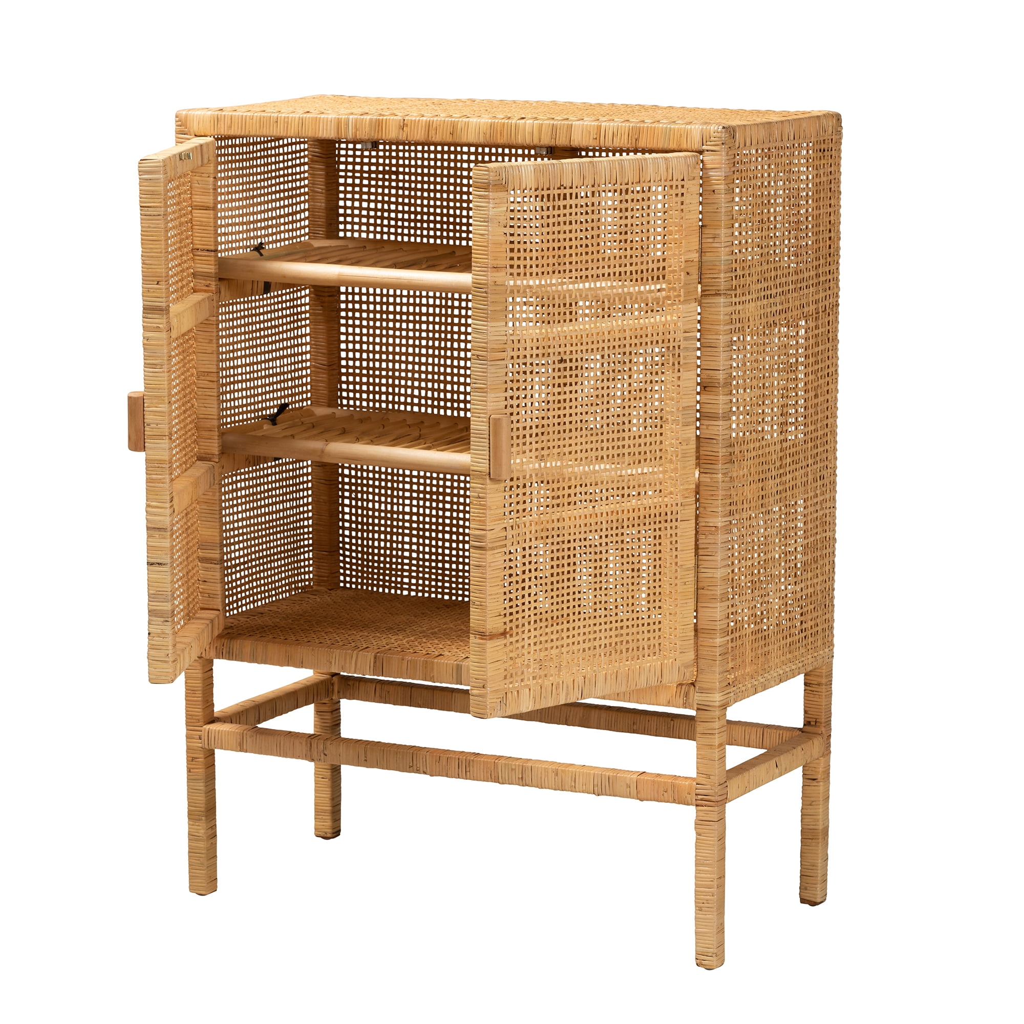bali & pari Vivan Rattan and Mahogany wood BOHO Storage Cabinet, 3-Shelf, Natural Brown