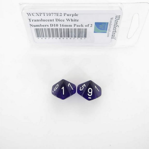 Purple Translucent Dice with White Numbers D10 Aprox 16mm (5/8in) Pack of 2 Wondertrail