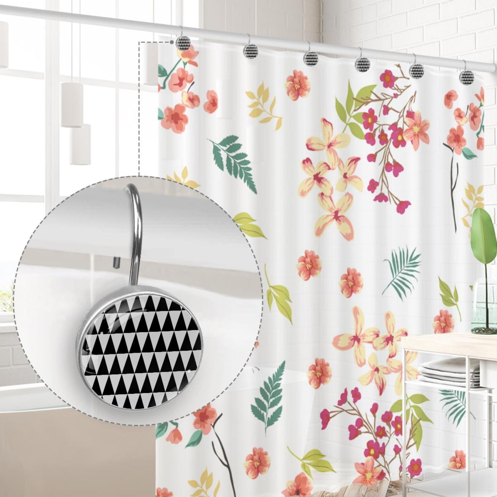 Black White Chevron Shower Curtain Hooks（Set of 12）for Home Hotel Shower Rods Bathroom Crystal Glass Print Stainless Steel Round Curtain Hooks