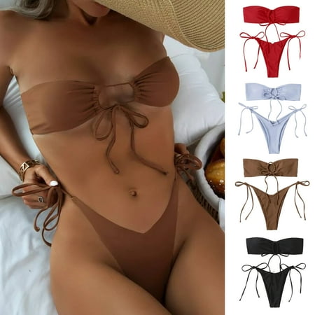 Joernso 2Pcs/Set Women Sexy Bikini Set Round Ring Bandeau Tube Top Padded Bra Lace-up High Waist Briefs Set Split Design Swimwear