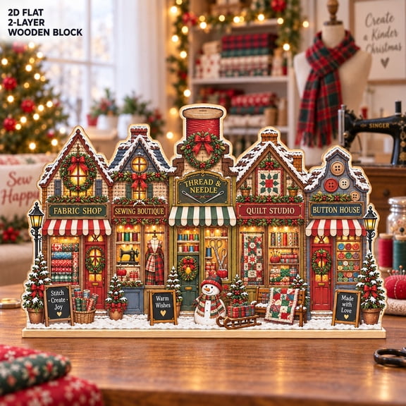 Christmas Sewing Street Wooden Block for Quilter Crafter Tabletop Decor