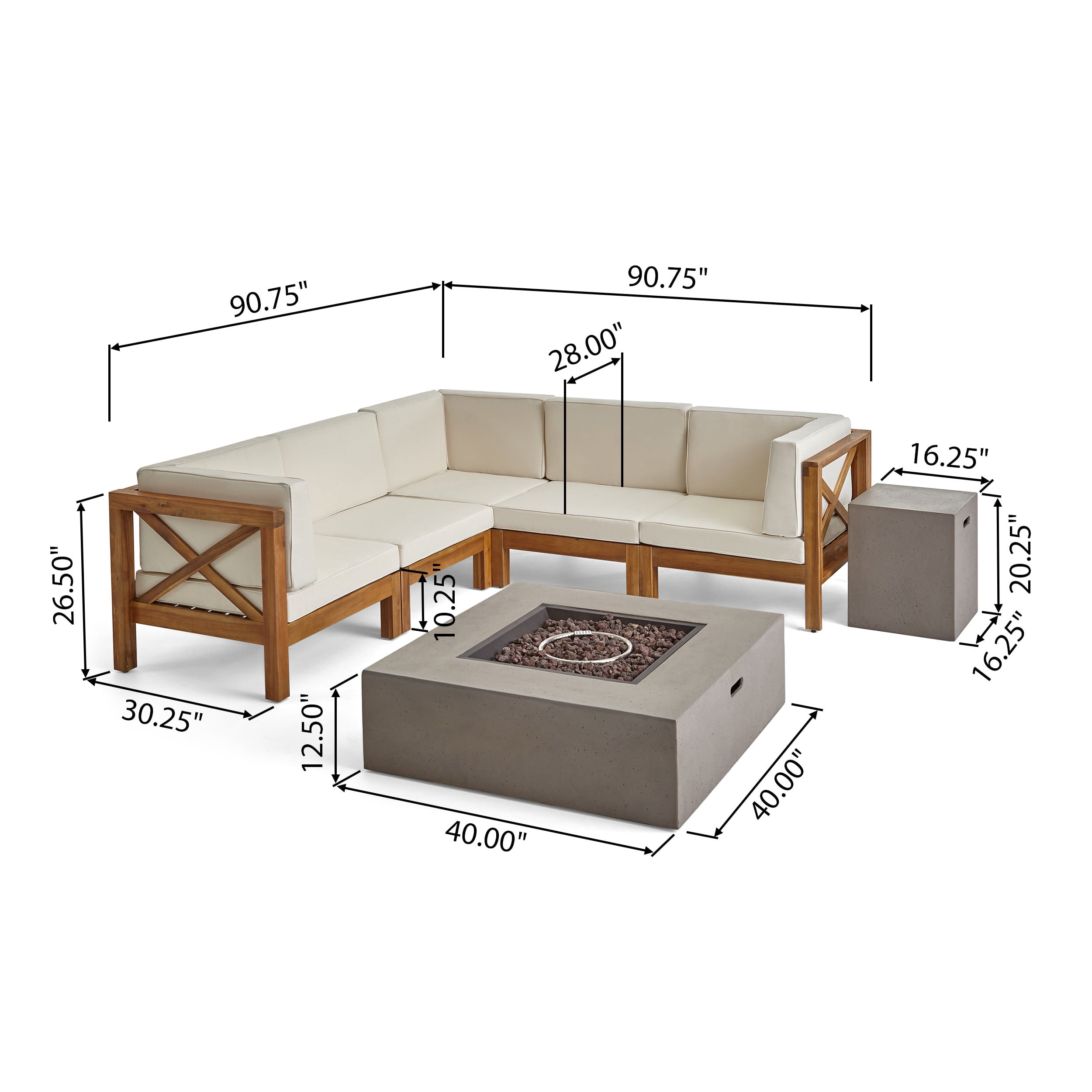 Elisha Outdoor 7 Piece Acacia Wood Sectional Sofa Set with Cushions and Fire Pit, Teak, Beige, Light Gray
