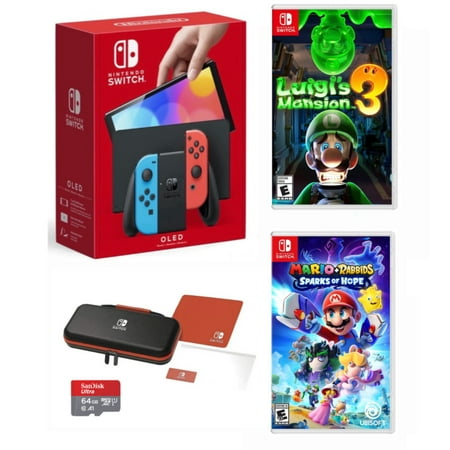 New Nintendo Switch OLED Model Neon Red & Blue Joy-Con - 64GB Console HD Screen - Bundle with Luigi's Mansion 3 + Mario Rabbids Spark of Hope + Switch Carrying Case + 64GB MicroSD Card