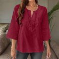 thumbnail image 2 of Summer Savings Akafmk 3/4 Sleeve Shirts for Women, Summer Womens Cotton Linen Top,Solid Color Lace Loose V-neck Shirt Top, 2 of 5