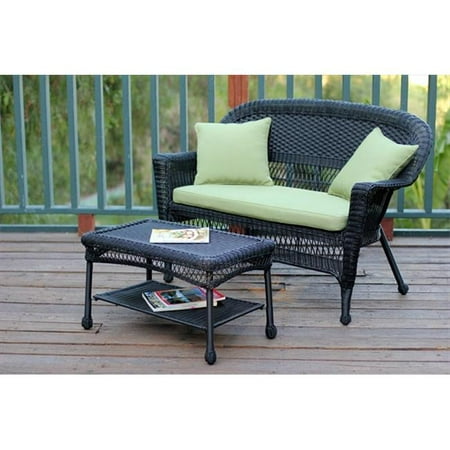 Jeco W00207-LCS029 Black Wicker Patio Love Seat And Coffee Table Set With Green Cushion