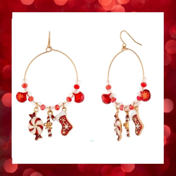 Christmas Theme Alloy Beaded Drop Hoop Earrings with Mint, Candy Cane, Jingle Bells  & Stocking Charms - Perfect for Holiday Celebrations