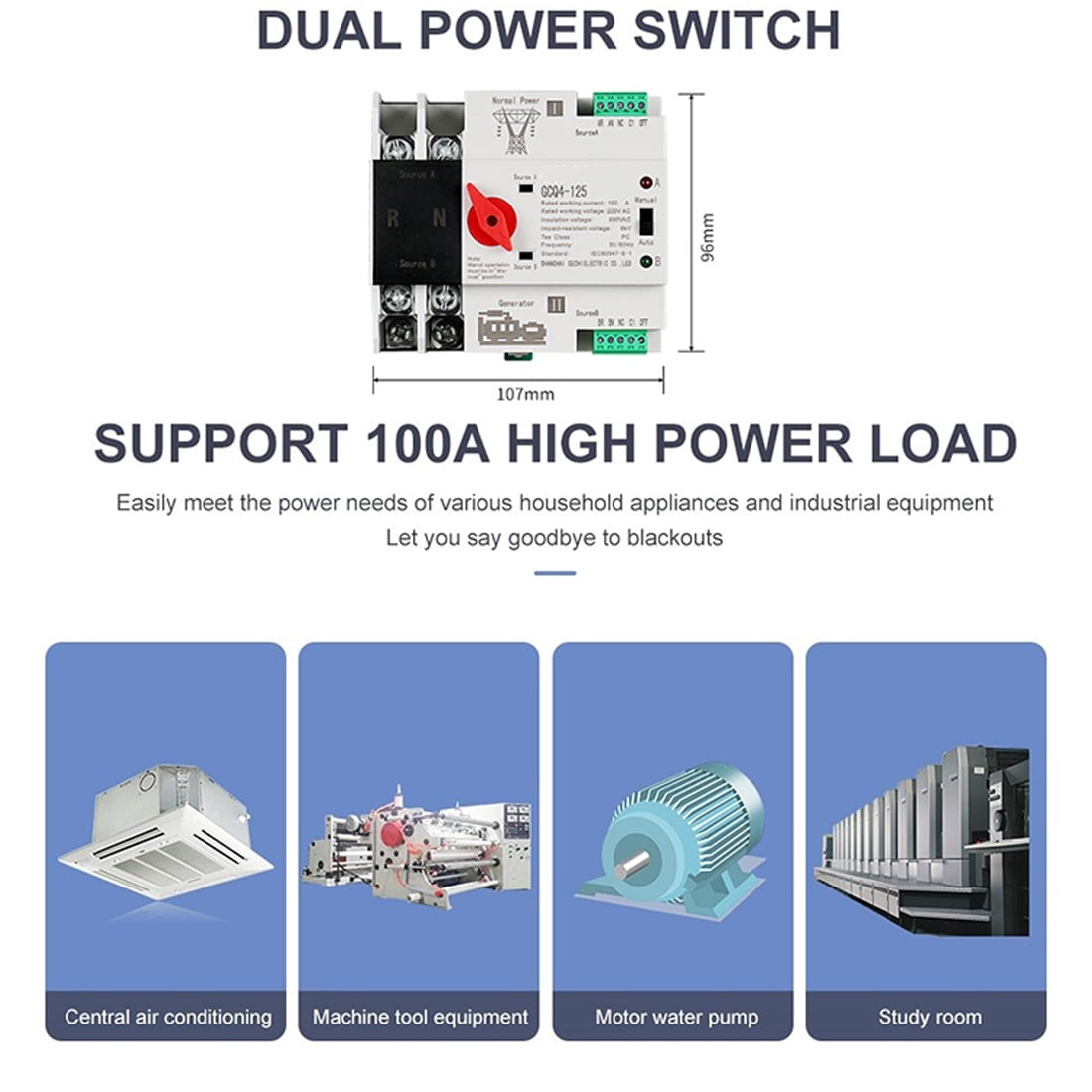 Single Phase Din Rail ATS 220V PC Dual Power Automatic Transfer Switch 2P 100A Household Power Transfer Switch 50/60Hz