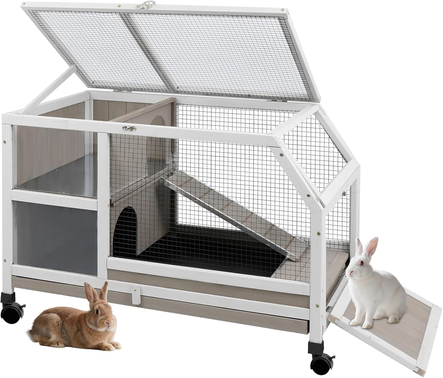 Petsblublu Outdoor Rabbit Hutch, Indoor Wooden Bunny Cage with Wheels
