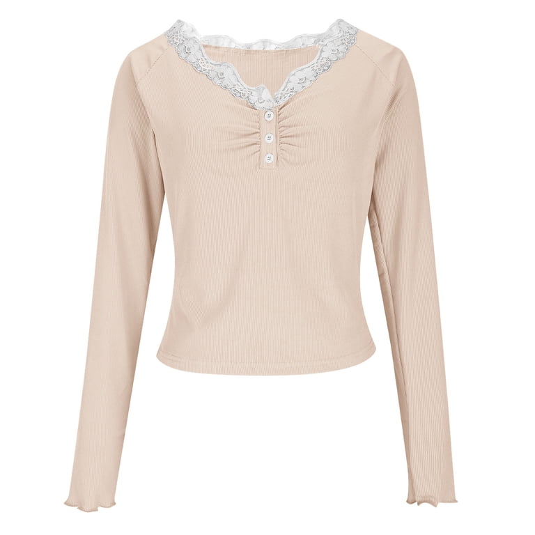 SEAOPEN V Neck Lace Long Sleeve Shirts for Women Basic Fitted 