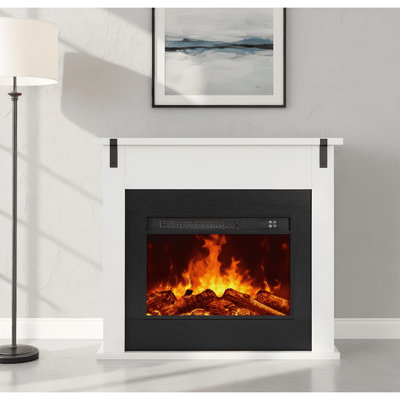 LIGHTINN 36" Freestanding Electric Fireplace with Mantel, Modern Minimalist TV Stand Electric Fireplace Mantel for Living Room Bed Room, White
