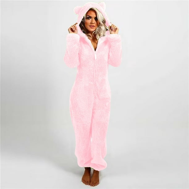 zanvin Women's Warm Fleece Onesie Pajamas, Long Sleeve Plush Hooded  Jumpsuit Sleepwear in Winter,Pink,S