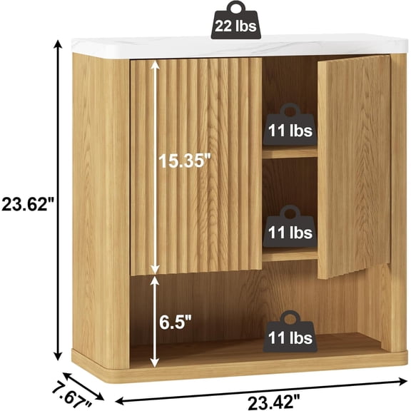 Bathroom Wall Cabinet, Medicine Cabinets, Over The Toilet Storage Cabinet with 2 Doors, Adjustable Shelf and Faux Marble Top, Natural Oak