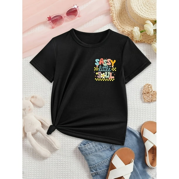 Summer Fashion Girls Short Sleeve T-shirt with Flowers SASSY little SOUL Letters Double-Sided Print Casual Top