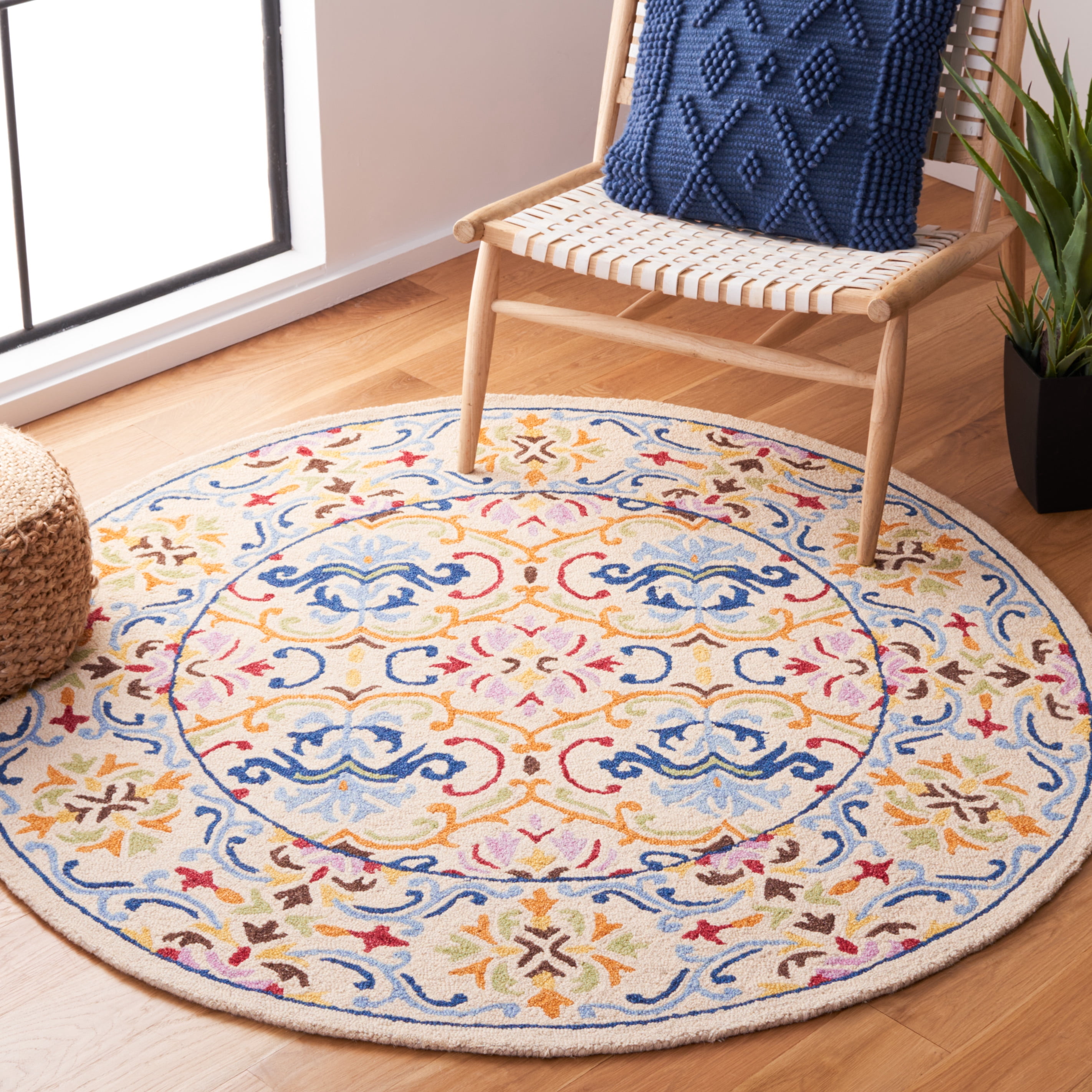 SAFAVIEH Micro-Loop Carlene Medallion Area Rug, Beige/Blue, 5' x 5' Round