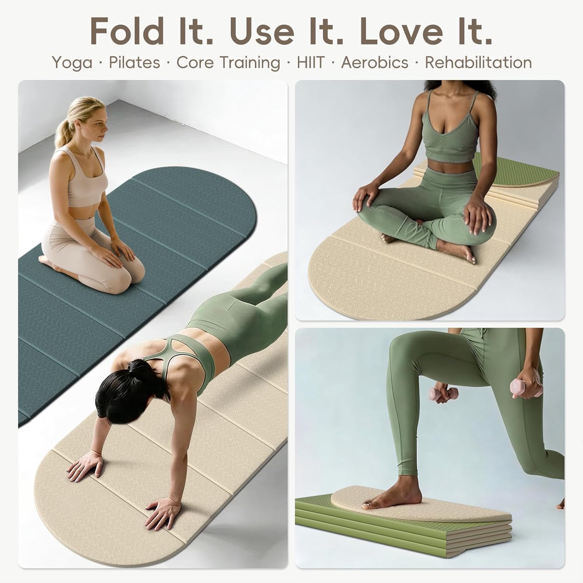 YOHAO Yoga Mat Thick,10mm Foldable Exercise Mats For Home and Travel,Rounded Folds,Quick Unfold Or Storage,Flat Lay No Curl Design(White+Green)