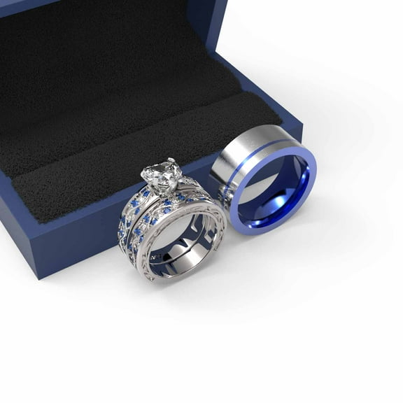 3pc Couples Wedding Ring Sets His And Hers Women Sterling Silve Heart Moissanite and men Wedding Bands