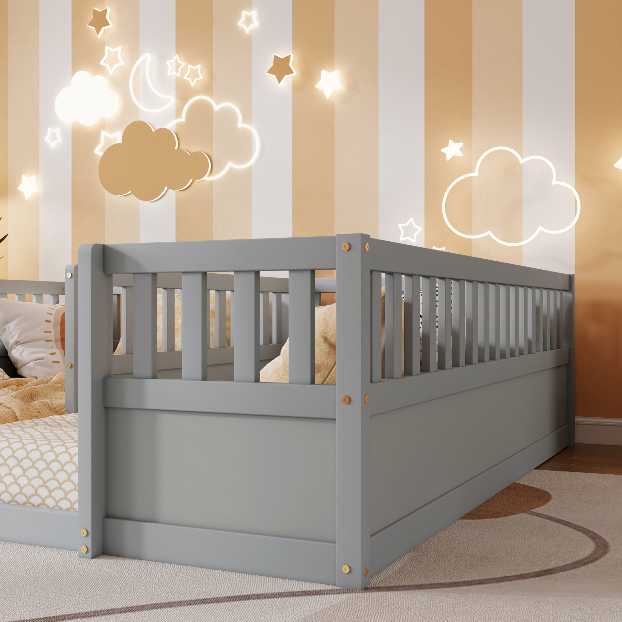 Leumius Double Pine Wood Twin Floor Bed with Semi-Enclosed Safety Guardrails, Open Entrance for Kids Bedroom Grey