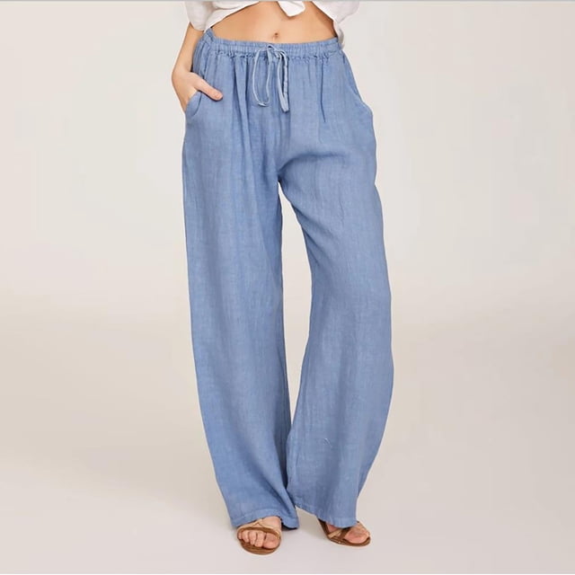 Jsaierl Womens Cotton Linen Elastic Waist Drawstring Pants Wide Leg Ankle Length Lounge Pants with Pockets Loose Comfy Trousers Plus Size Solid Color Pants