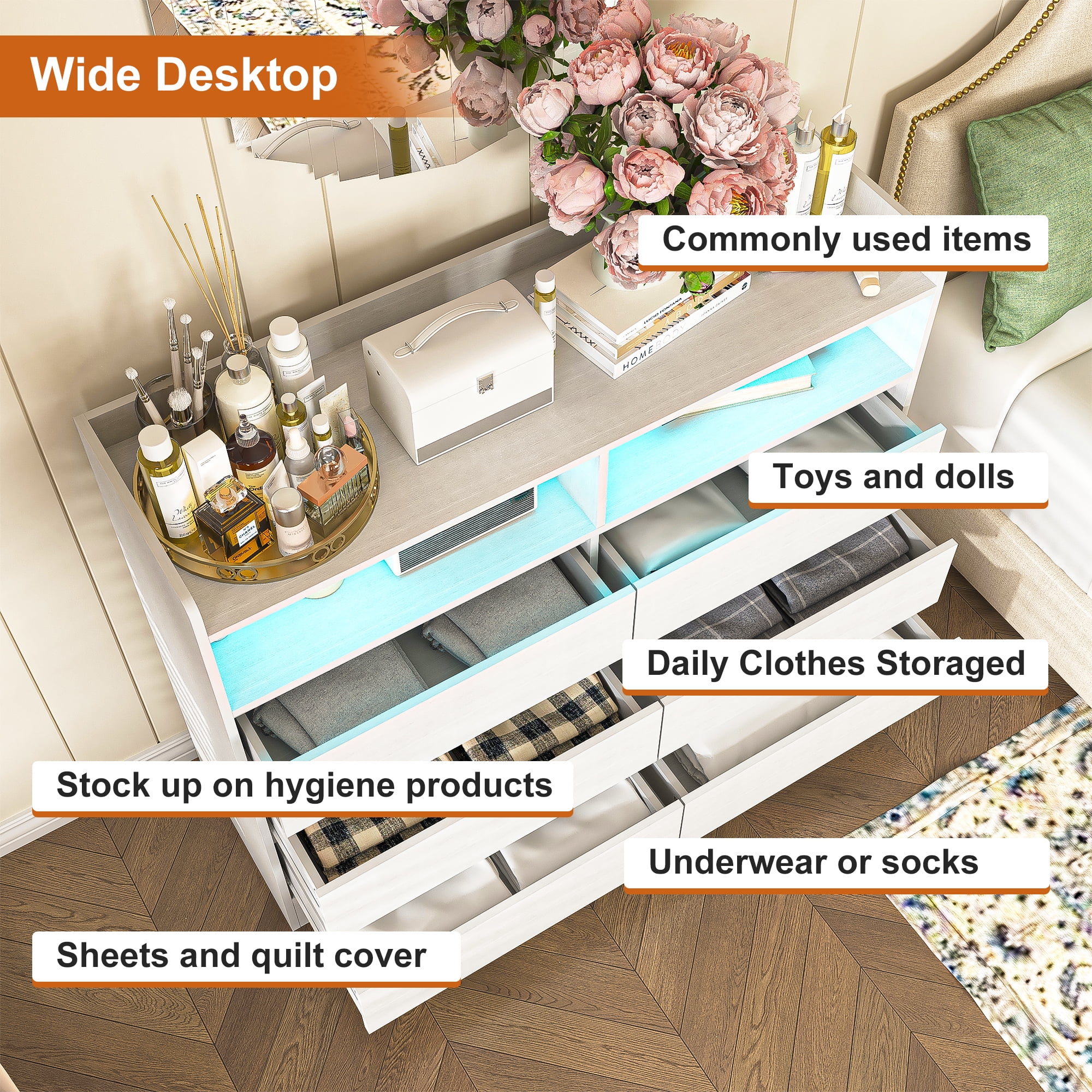 Finihen 6 Drawer Dresser, Modern Chest of Drawers with Led Lights, Wooden Dresser for Bedroom with Sturdy Frame for Living Room, Entryway, Hallway, White-M Finihen 6 Drawer Dresser, Modern Chest of Drawers with Led Lights, Wooden Dresser for Bedroom with Sturdy Frame for Living Room, Entryway, Hallway, White-M