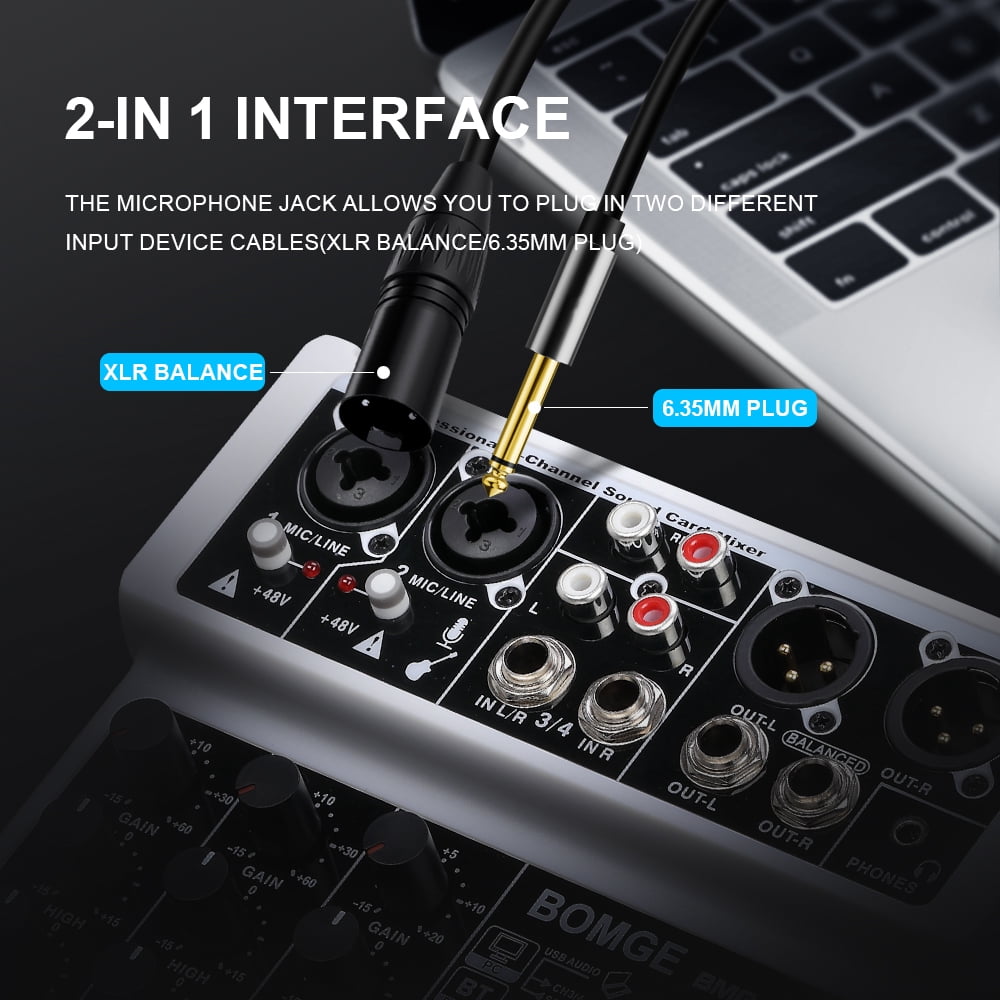 BOMGE 4 Channel mini DJ Audio Sound Mixer Interface with MP3 USB, Bluetooth, Stereo Recording, 48V Phantom Power, 24 DSP for karaoke, performance, church singing  podcas streaming- white